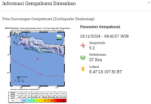 Gempa Bumi Magnitudo 5.2 Guncang Kabupaten Pangandaran Tangkap layar peta guncangan gempa bumi Pangandaran M 5,2(BMKG)