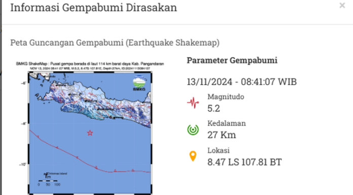 Gempa Bumi Magnitudo 5.2 Guncang Kabupaten Pangandaran Tangkap layar peta guncangan gempa bumi Pangandaran M 5,2(BMKG)