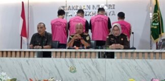 Kejari Kota Tasikmalaya Menahan Empat Tersangka Kasus Korupsi Bank BUMN Foto: Faizal Amiruddin/detikJabar)Kejaksaan Negeri Kota Tasikmalaya saat merilis penahanan 4 tersangka kasus korupsi di bank BUMN